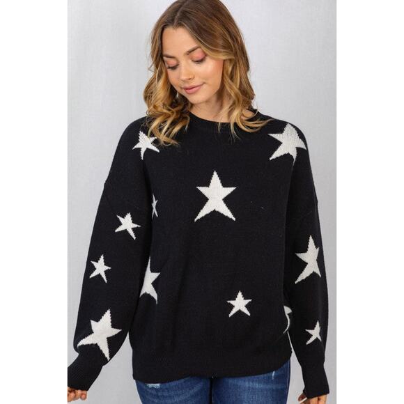 Star Bubble Sleeve Sweater-Black - Picture 1 of 3